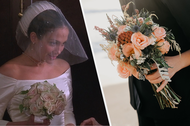 Jennifer Lopez in the wedding planner about to get married on the left and a bouquet of flowers on the right