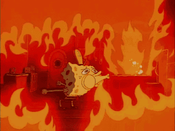 SpongeBob trying to blow out a fire in the kitchen