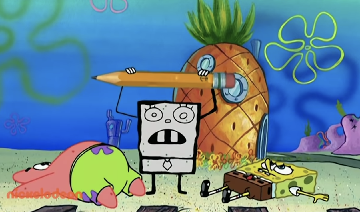 DoodleBob holding a pencil up next to a fallen SpongeBob and Patrick