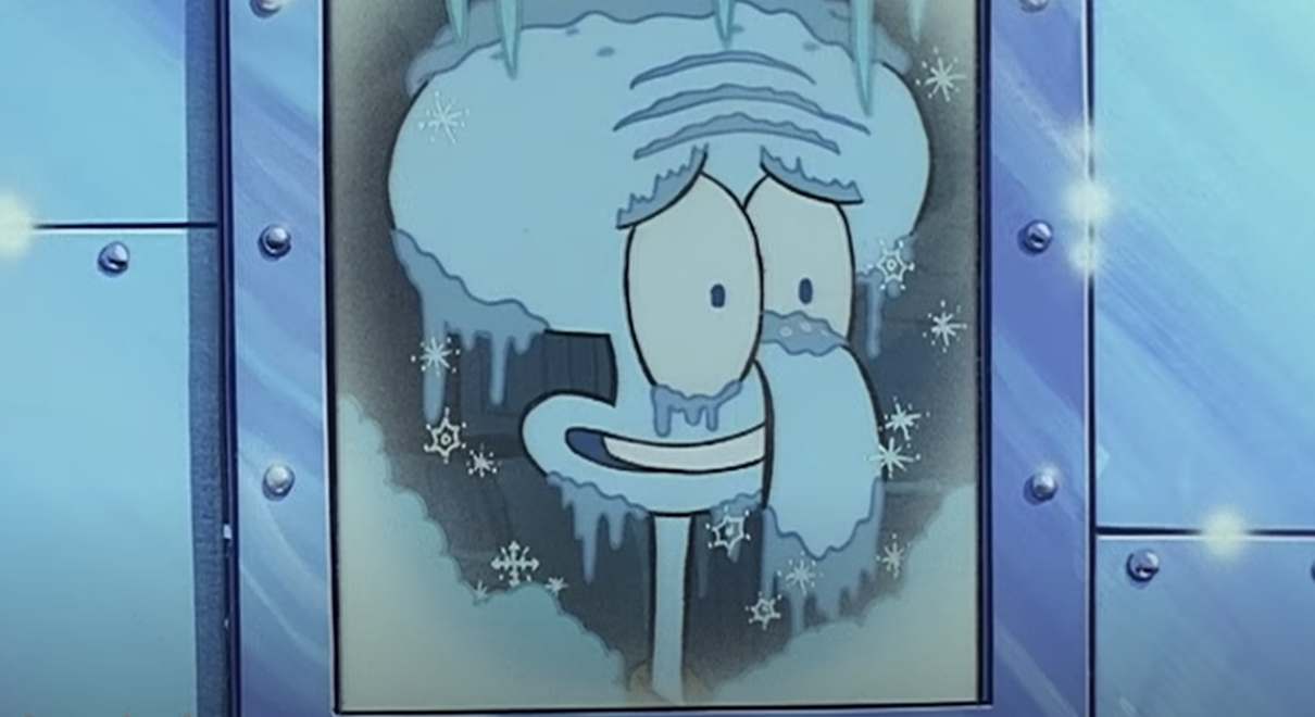 Squidward frozen to death in the freezer window