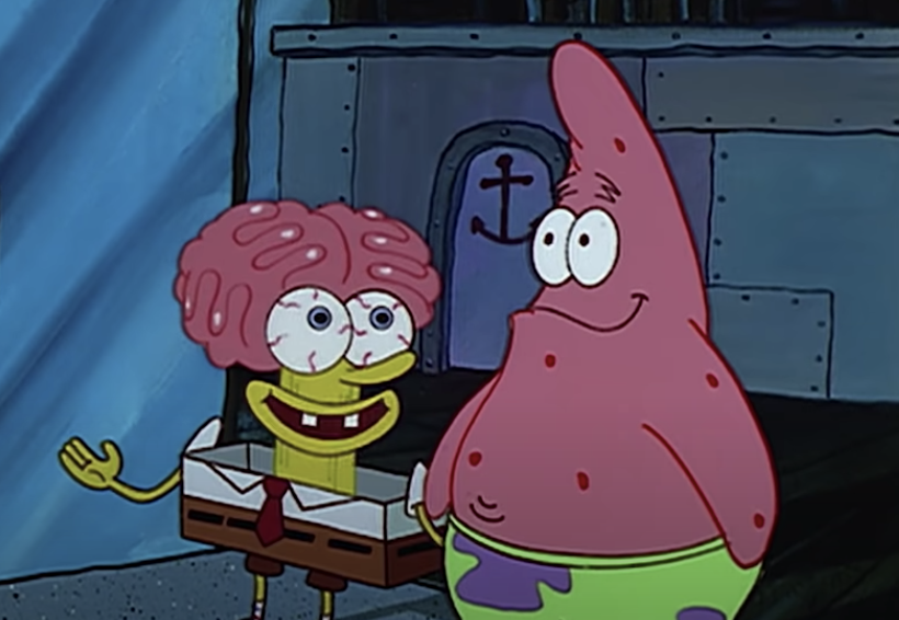 SpongeBob next to Patrick with his brain exposed and skin shaved down to a column below it