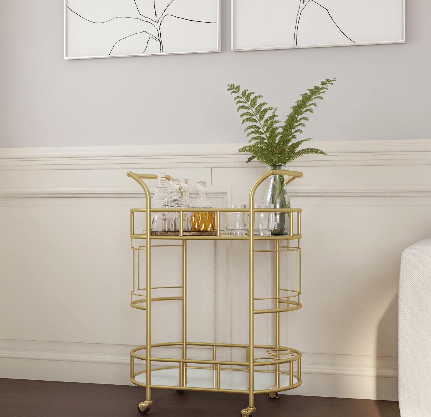 gold two tier bar cat with glassware and alcohol on top