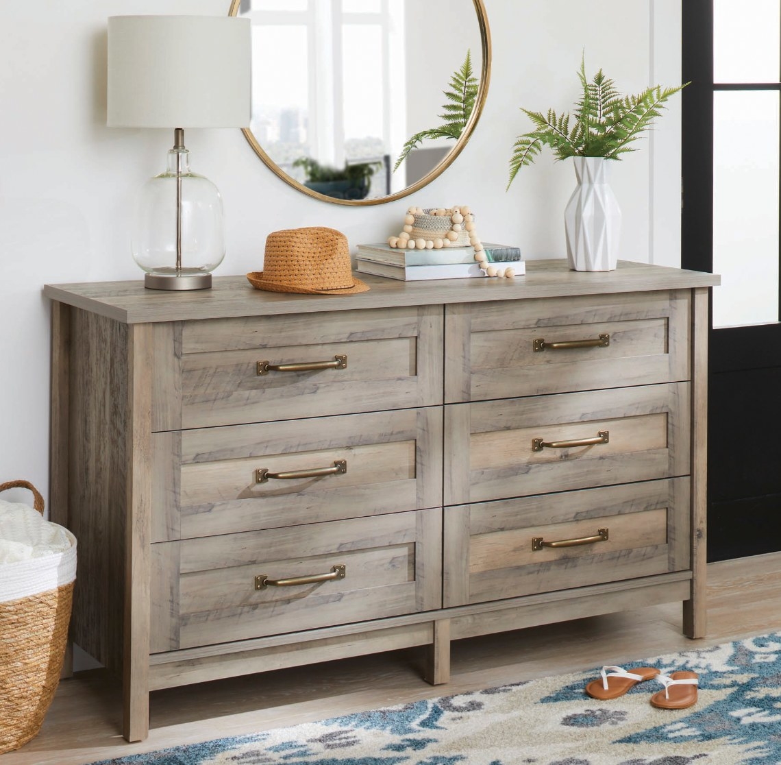 The six-drawer dresser in rustic gray