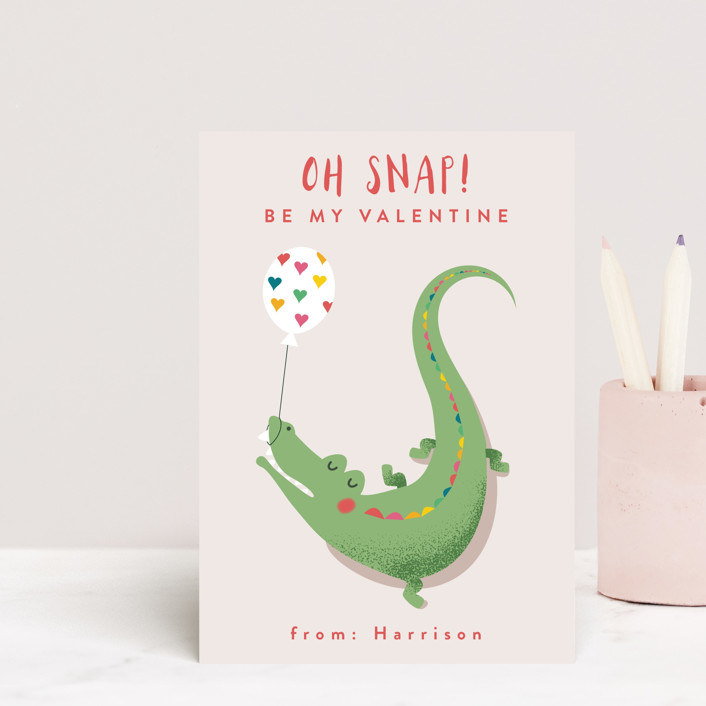 card with crocodile holding balloon that says oh snap be my valentine