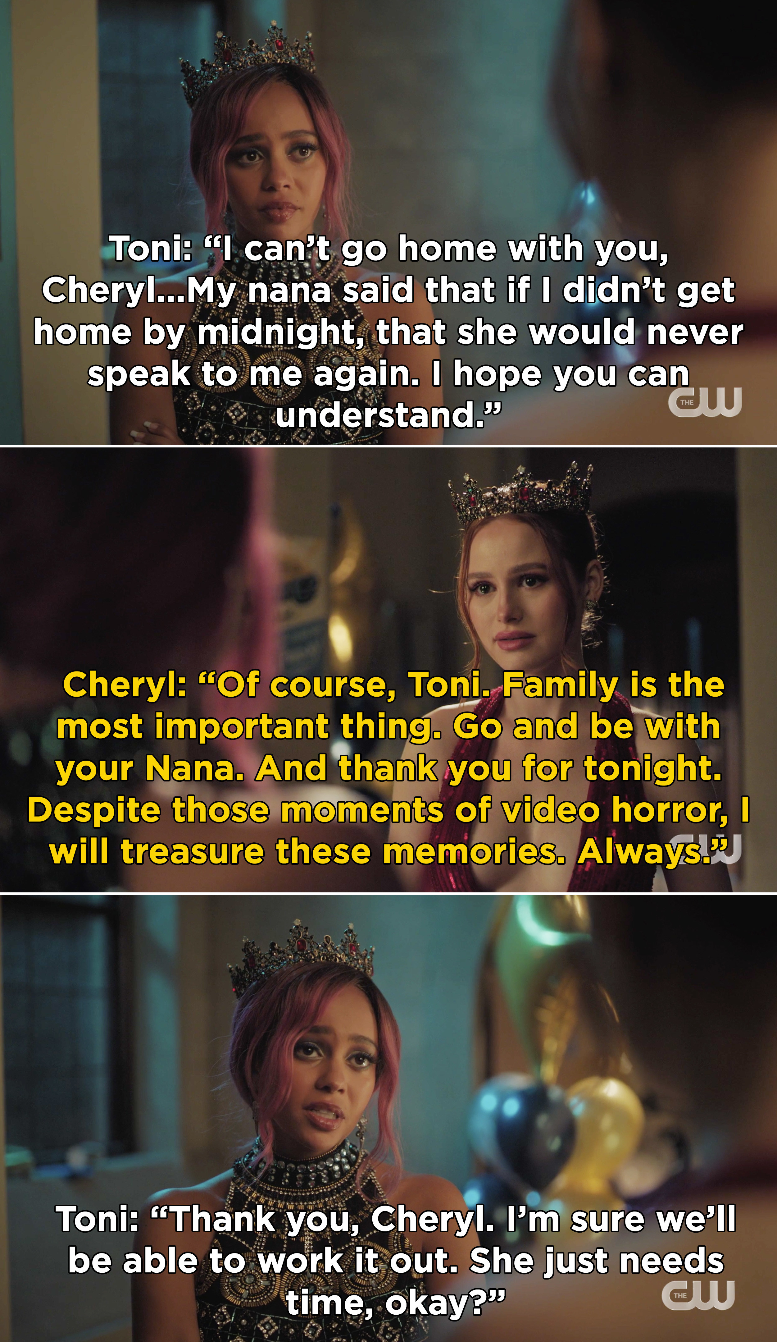 Cheryl telling Toni that family is &quot;the most important thing&quot; and she should go be with her Nana, but Cheryl will always &quot;treasure these memories&quot;