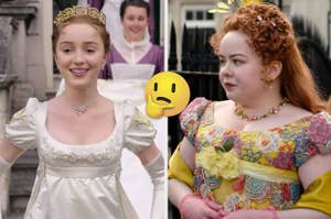 side by side images of Daphne and Penelope from Bridgerton with the thinking face emoji