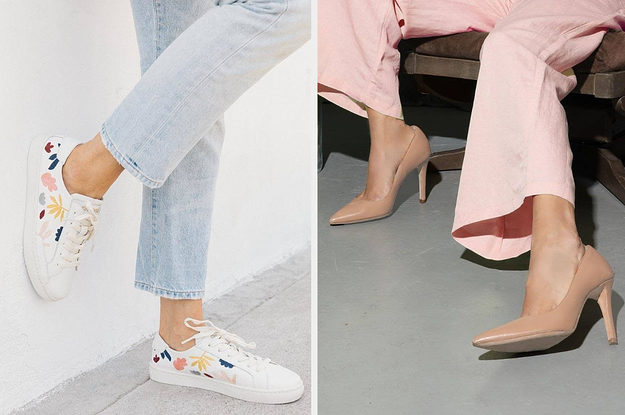 (left) Embroidered white sneakers (right) Pointed toe beige heels