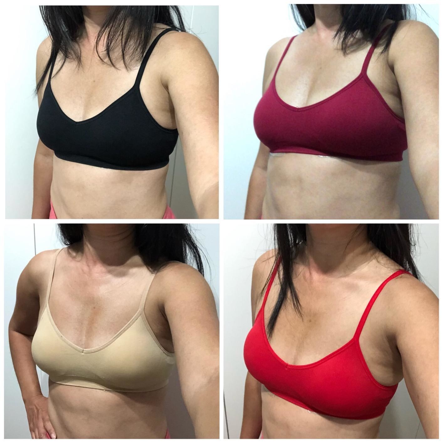 Four photos with reviewer wearing a padded black, nude, red, and berry bralette in a photo grid