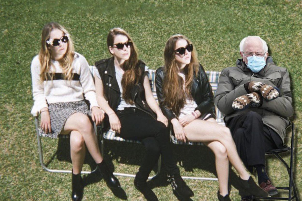 HAIM's Days Are Gone album cover with Bernie sitting at the inauguration photoshopped into it