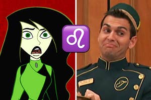 Shego from kim possible on the left and esteban from the suite life on the right with a leo emoji in between them