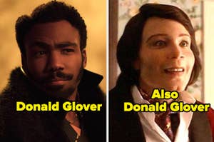 Donald Glover as Lando in Star Wars and Donald Glover in whiteface on Atlanta
