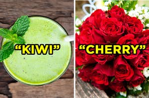 On the left, a green smoothie labeled "Kiwi," and on the right, a bouquet of roses labeled "Cherry"