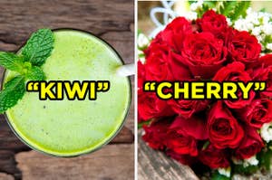 On the left, a green smoothie labeled "Kiwi," and on the right, a bouquet of roses labeled "Cherry"