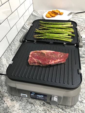 Reviewer grill in use with meat and asparagus on top