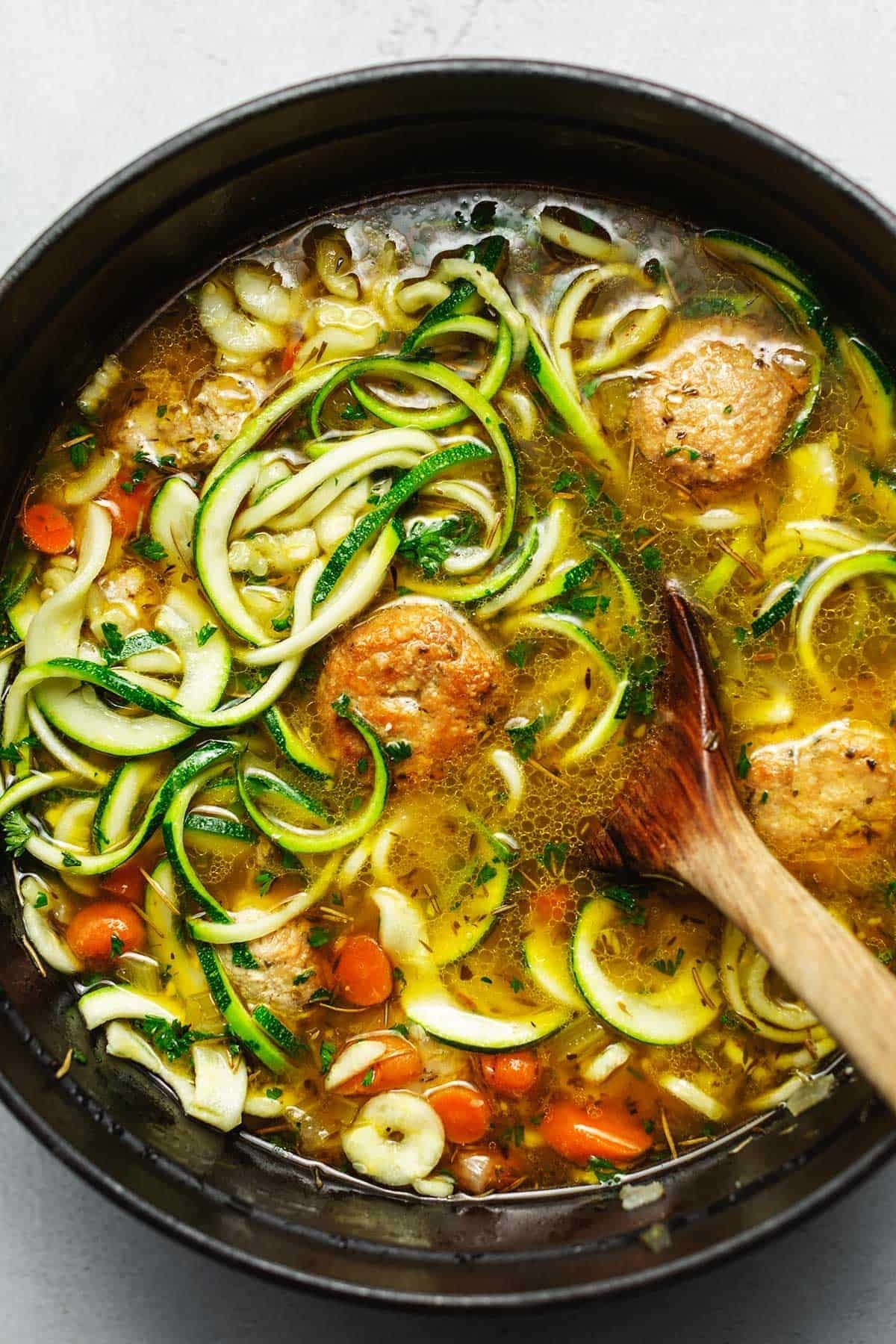 A big pot of chicken meatball and vegetable soup with zucchini noodles.