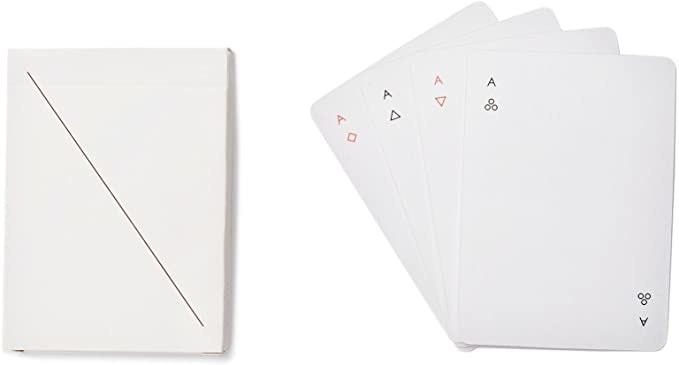 A set of white playing cards with simple red and white suit markers in the corners