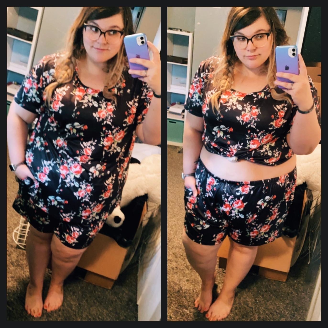 Reviewer wears floral printed shorts and t-shirt pajama set
