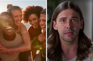 On the left, a group of friends smiling and taking a selfie, and on the right, JVN from "Queer Eye"