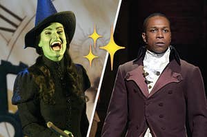 Idina Menzel as Elphaba in wicked on the left and Leslie Odom Jr in hamilton on the right