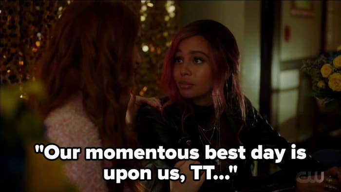 Cheryl and Toni talking about prom with the caption "our momentous best day is upon us, TT"