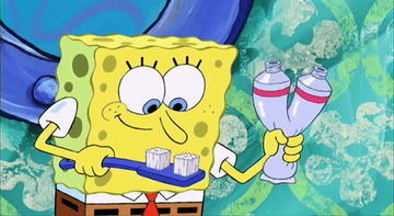 Spongebob putting toothpaste on his toothbrush them washing his eyes