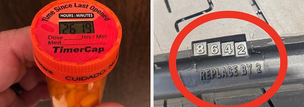 A cap for a medicine bottle that displays when it was last opened, and a tire with a built-in wear indicator