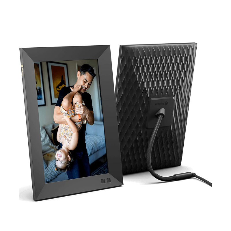 front and back of digital photo frame with photo displayed