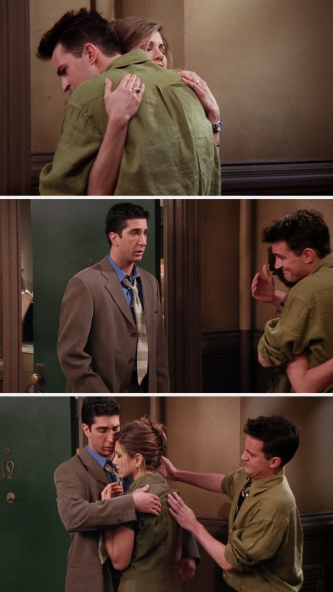 Rachel and Chandler are hugging, Ross comes out and Chandler hands Rachel to Ross to hug