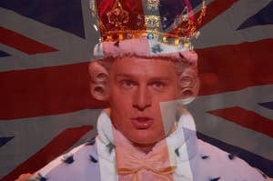 An image of Mad King George from "Hamilton" overlaid with a union jack
