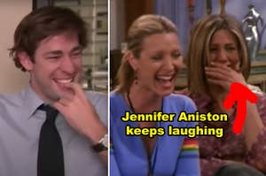 Side-by-side of John Krasinski laughing and Lisa Kudrow/Jen Aniston cracking up on "Friends"