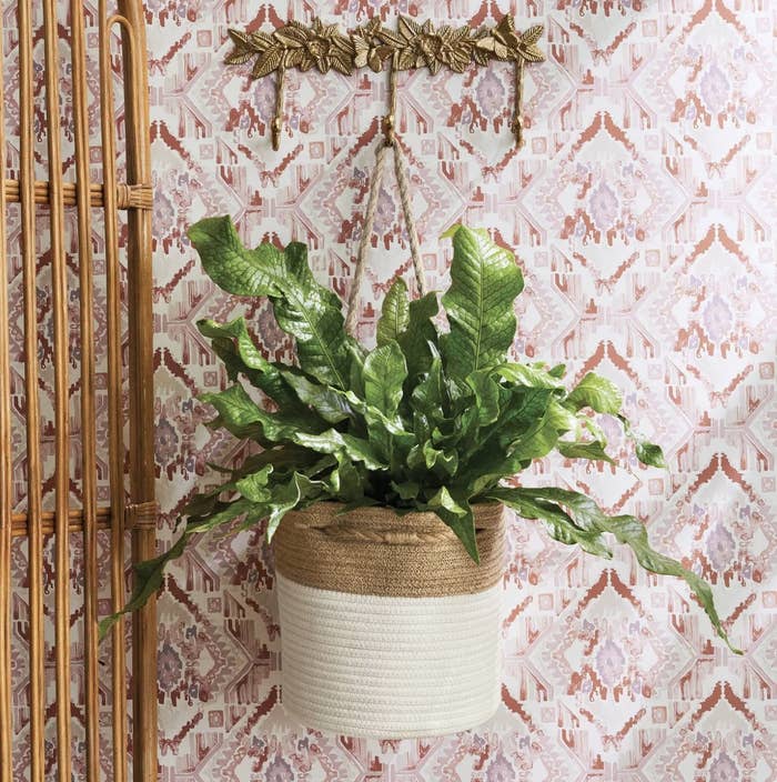 A cream and beige hanging basket with a plant in it