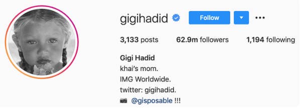 Gigi's bio says "Gigi Hadid, khai's mom, IMG Worldwide
