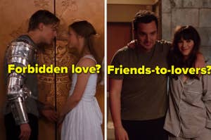 Leonardo DiCaprio as Romeo Montague and Claire Danes as Juliet Capulet in the movie "Romeo + Juliet" and Zooey Deschanel as Jessica Day and Jake Johnson as Nick Miller in the show "New Girl."