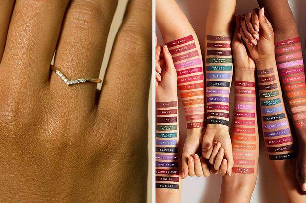 A diamond ring / lipstick swatches on arms