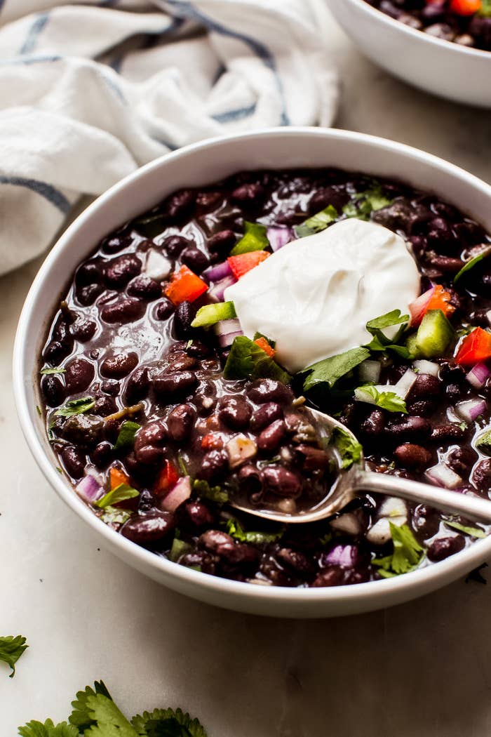 A bowl of Cuban black bean soup