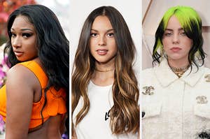 megan thee stallion on the left, olivia rodrigo in the middle, and billie eilish on the right