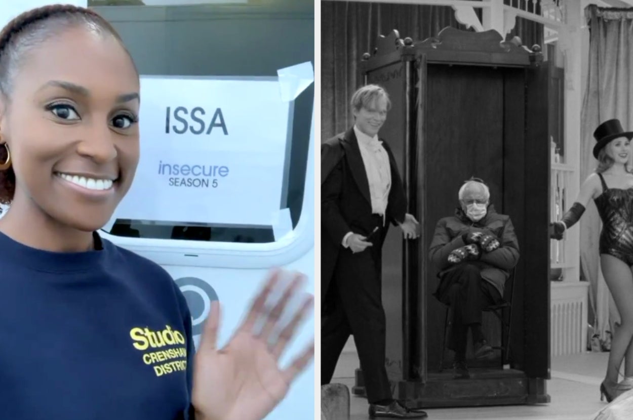 Issa Rae waving on the set of Insecure side by side with Paul Bettany's wandavision bernie meme