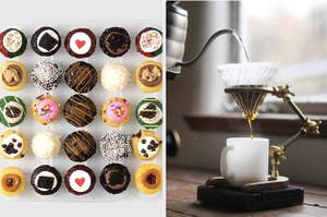 两个面板显示了一个网格的迷你纸杯蛋糕和一个Pourver咖啡架滴咖啡到马克杯