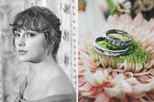 Taylor Swift poses during her music video for "Willow" and two wedding rings are resting in the middle of a flower.