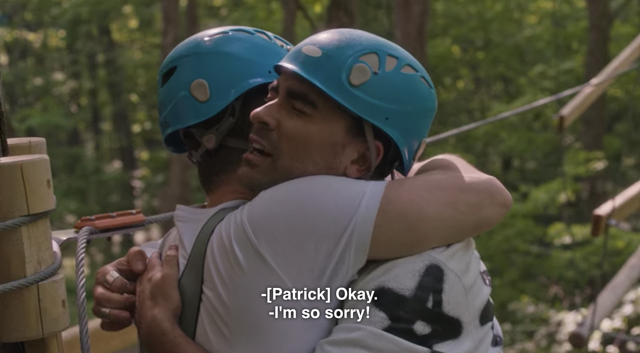 David and Patrick hugging on the ropes course on Schitt&#x27;s Creek