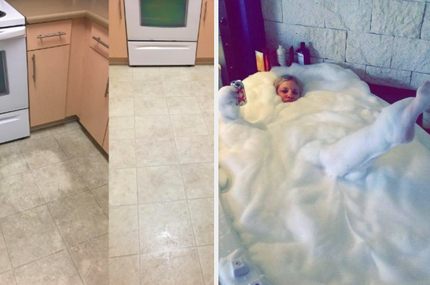 A dirty floor that was cleaned with a power scrubber / A reviewer in a lavender bath
