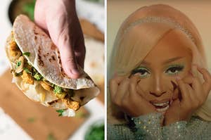 On the left, someone holding a chicken wrap, and on the right, Doja Cat in the "Say So" music video