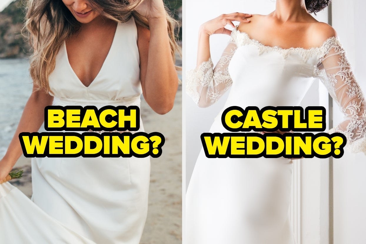 A boho dress labeled &quot;beach wedding&quot; and an elegant dress labeled &quot;castle wedding&quot; 