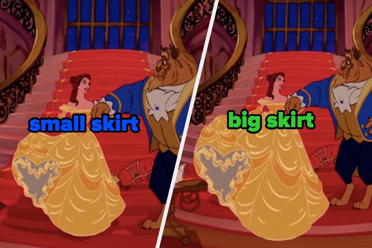 Belle and the Beast from &quot;Beauty and the Beast&quot; with Belle in a small skirt and a big skirt 