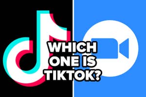 The TikTok logo and the Zoom logo side-by-side, with text asking which one is the TikTok logo