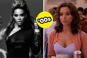 Beyonce in the single ladies music video on the left and gretchen from mean girls on the right
