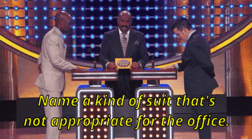 Steve Harvey asking, &quot;Name a kind of suit that&#x27;s not appropriate for the office,&quot; and a guy responding, &quot;Chicken noodle&quot;