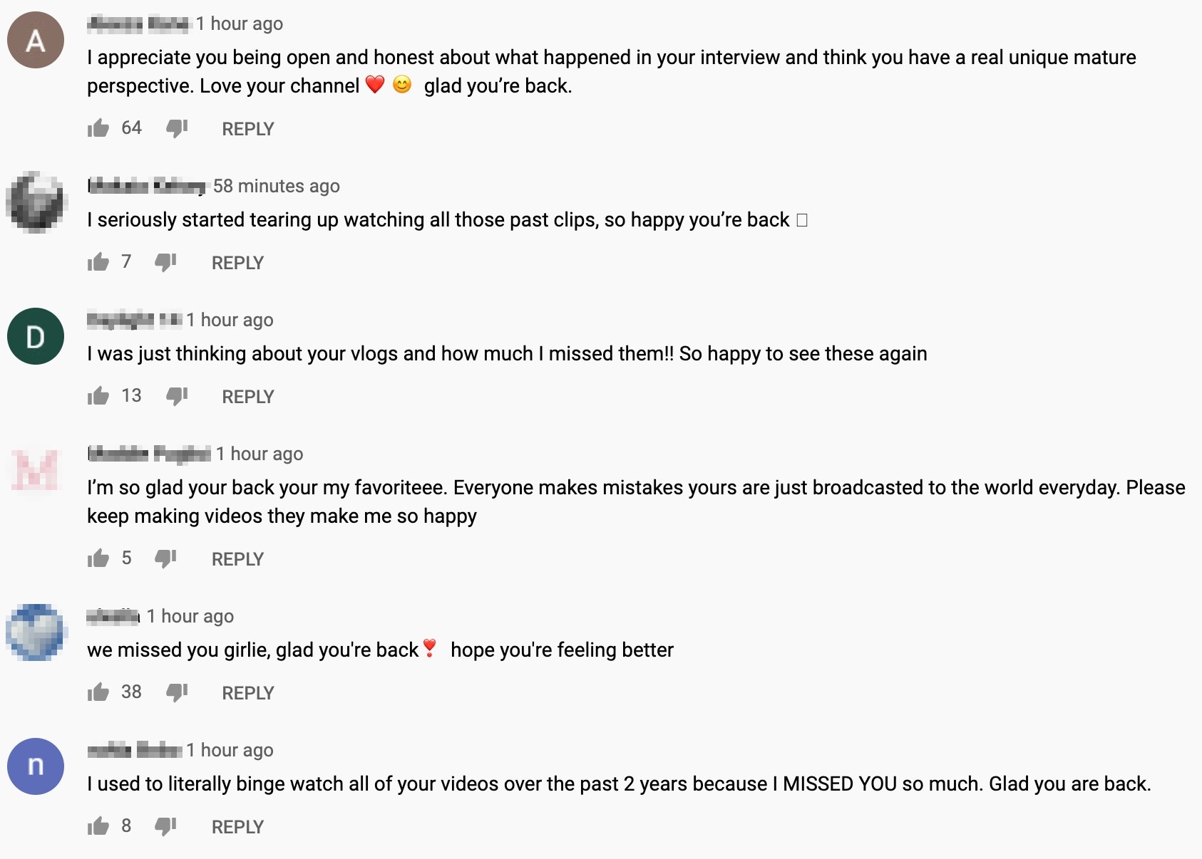 Comments on the video saying they are happy to have Olivia back, that they appreciate her honesty and they they missed her