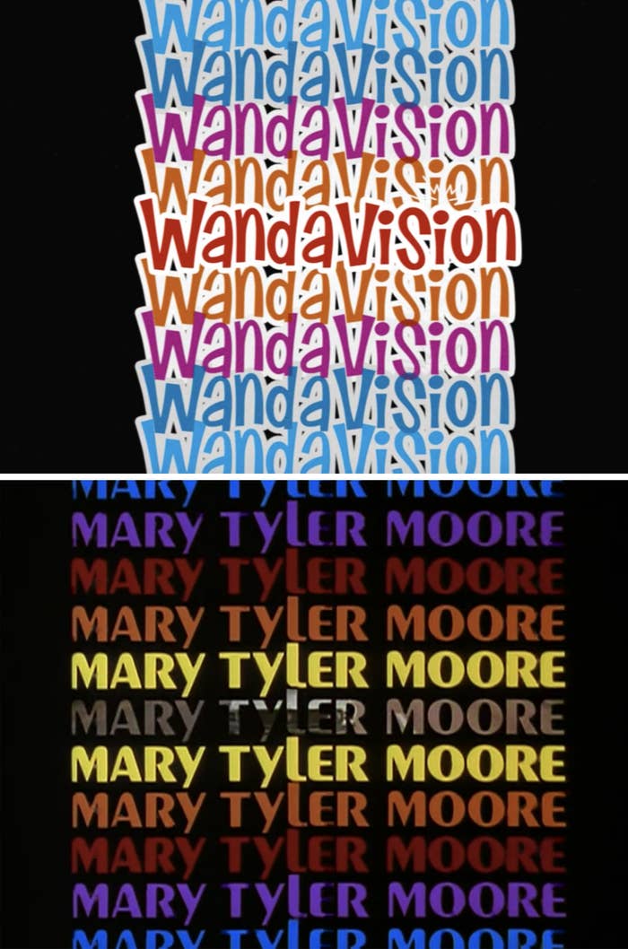 The colorful WandaVision credits compared to the colorful Mary Tyler Moore opening credits