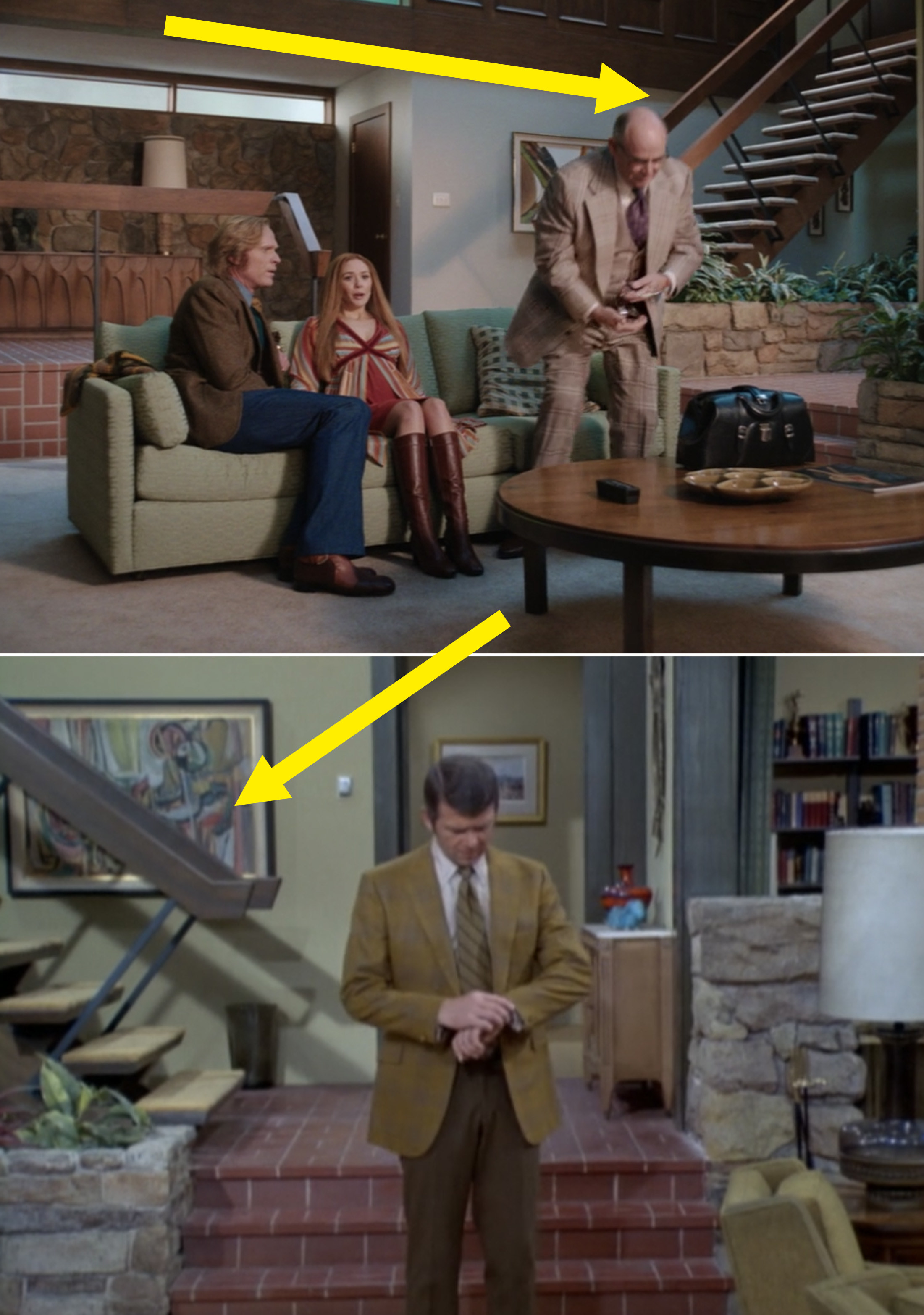 The stairs in WandaVision vs. the stairs and living room in The Brady Bunch